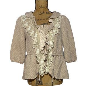 By Stella Cardigan Sweater Jacket Beige Cream Lace Ruffle Front Texture Puffy Sl